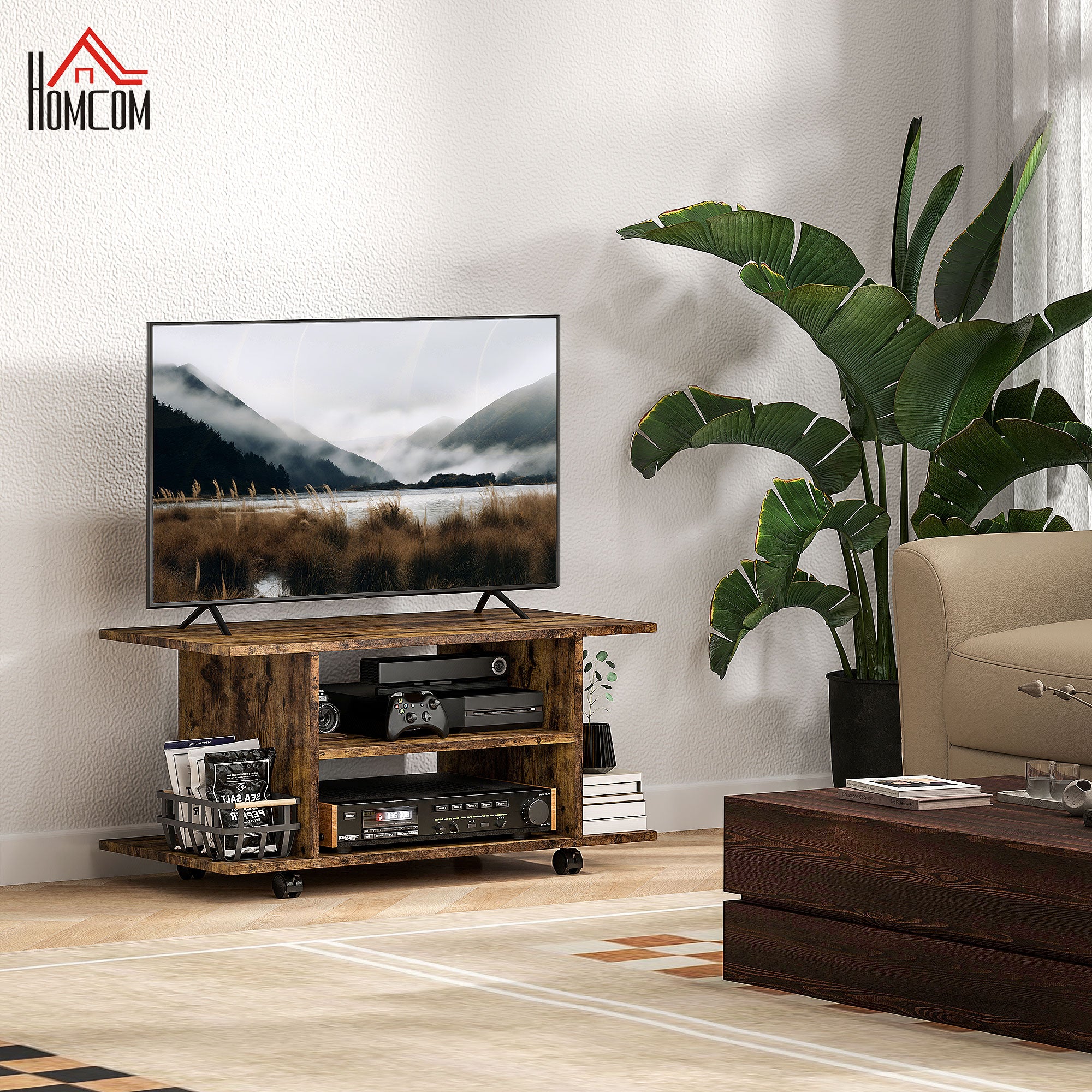HOMCOM Modern TV Cabinet Stand Storage Shelves Table Mobile Bedroom Furniture Bookshelf Bookcase Rustic Brown 