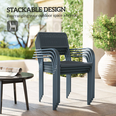 Outsunny Garden Chairs Set of 4, Stackable Rattan Effect Dining Chairs with Armrest, Weather Resistant and Lightweight Outdoor Furniture Armchairs for Patio, Balcony, Terrace, Dark Grey 