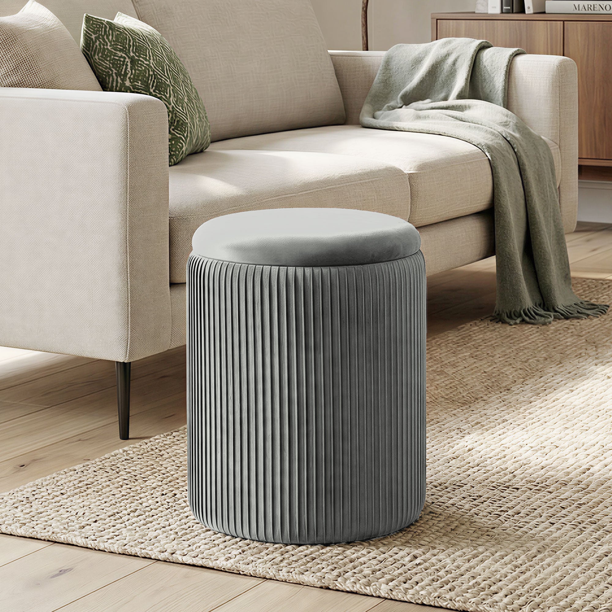 HOMCOM Storage Ottoman Modern Velvet Round Foot Stool for Living Room Bedroom 45 cm Grey 