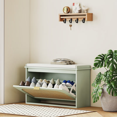 HOMCOM Boho Shoe Bench with Padded Seat and Flip-Drawer - Light Green 