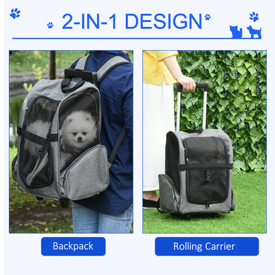 PawHut Pet Travel Backpack Bag Cat Puppy Dog Carrier w/ Trolley and Telescopic Handle Portable Stroller Wheel Luggage Bag (Grey) 