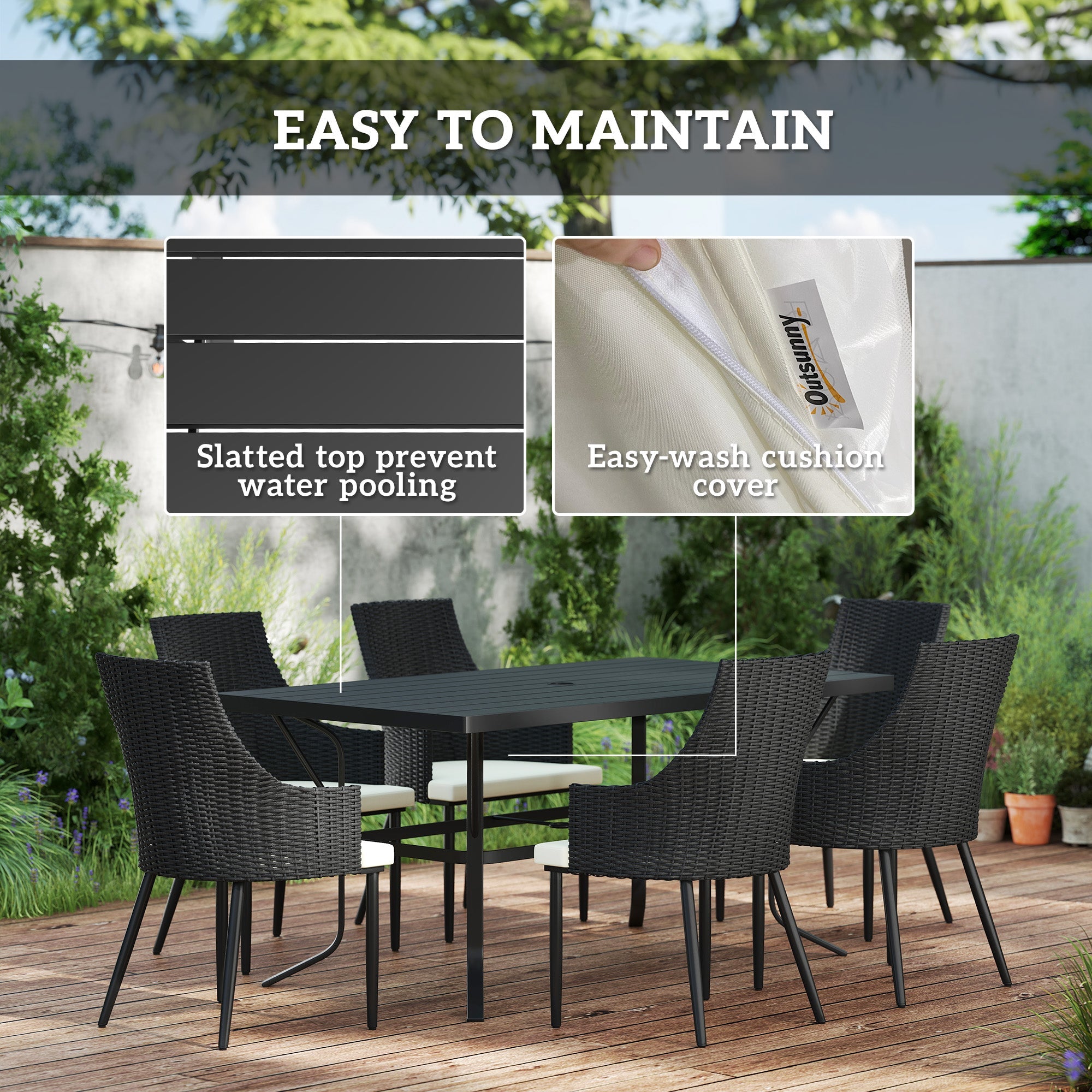 Outsunny 6 Seater Rattan Dining Set with Cushions, Garden Furniture Set with Armchairs, Rectangle Slatted Table Top, Steel Frame, Parasol Hole, Wicker Outdoor Furniture for Patio, Balcony, Cream White 