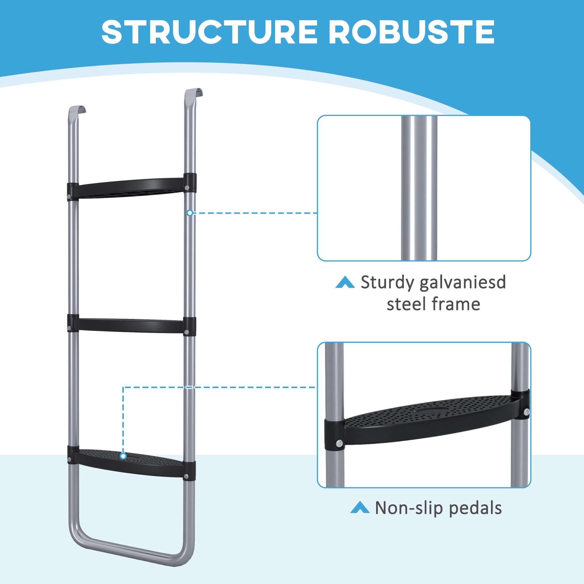 SPORTNOW Galvanised Steel Trampoline Ladder, 2 Steps/3 Steps Outdoor Trampoline Accessories for 6ft, 8ft, 10ft, 12ft, 13ft, 14ft, 16ft Trampoline, 97L x 32Wcm, Silver Tone 