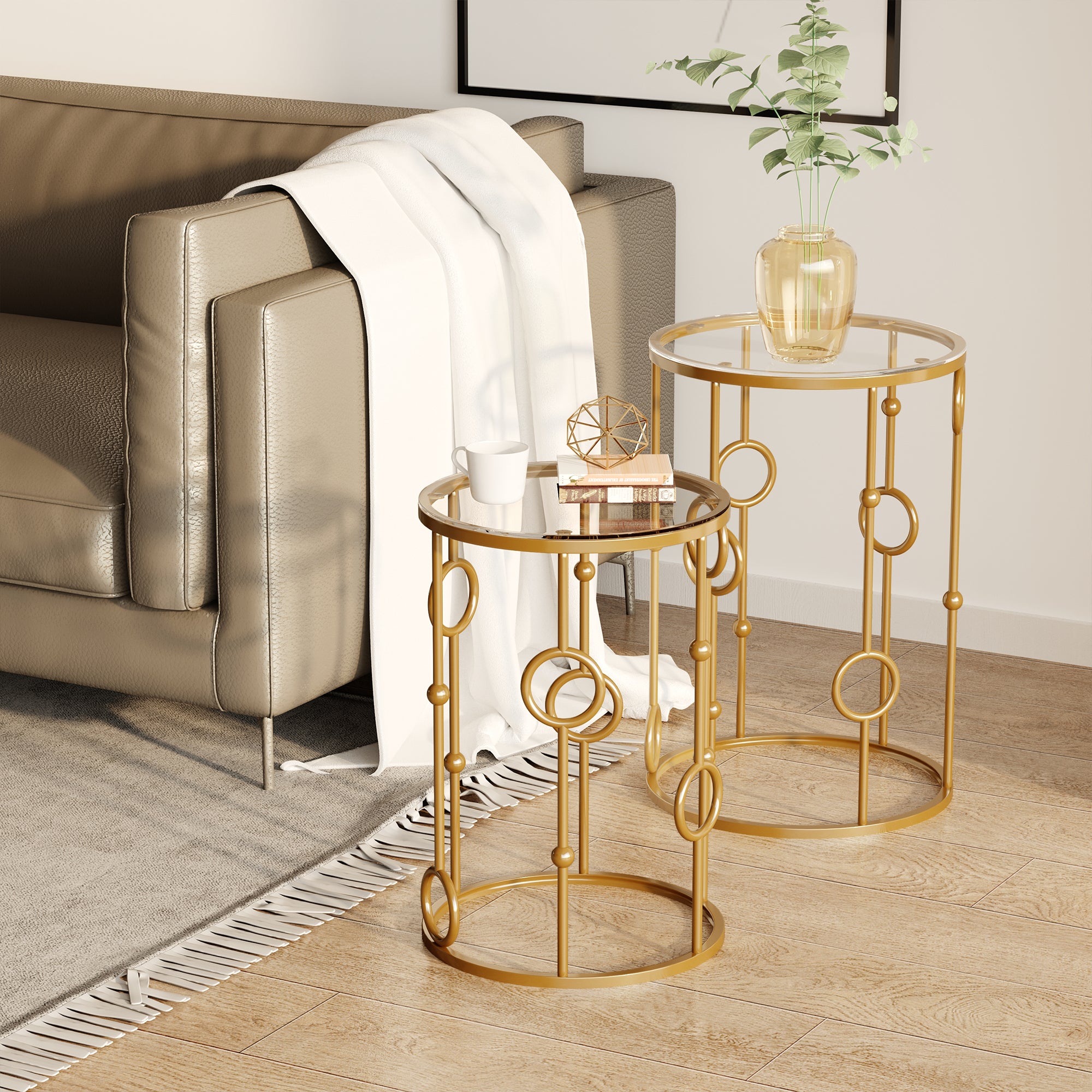 HOMCOM Round Coffee Tables Set of 2, Gold Nesting Side End Tables with Tempered Glass Top, Steel Frame for Living Room, Gold 