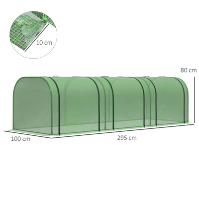 Outsunny Mini Greenhouse, Small Polytunnel Green House with Zipped Doors, Steel Frame for Garden Backyard, 295 x 100 x 80cm, Green 