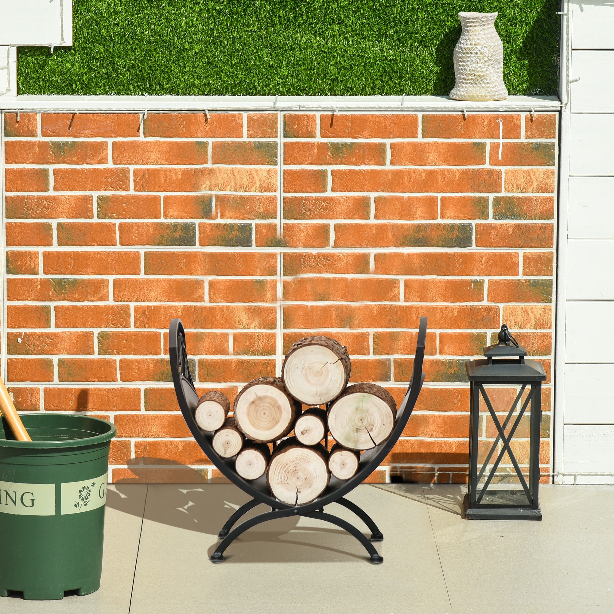 Outsunny Metal Arced Firewood Log Holder Indoor Outdoor Folding Firewood Rack Fireplace Wood Storage Shelf w/ Leaf Pattern Design, Black, 43.5W x 36.5D x 41H cm 