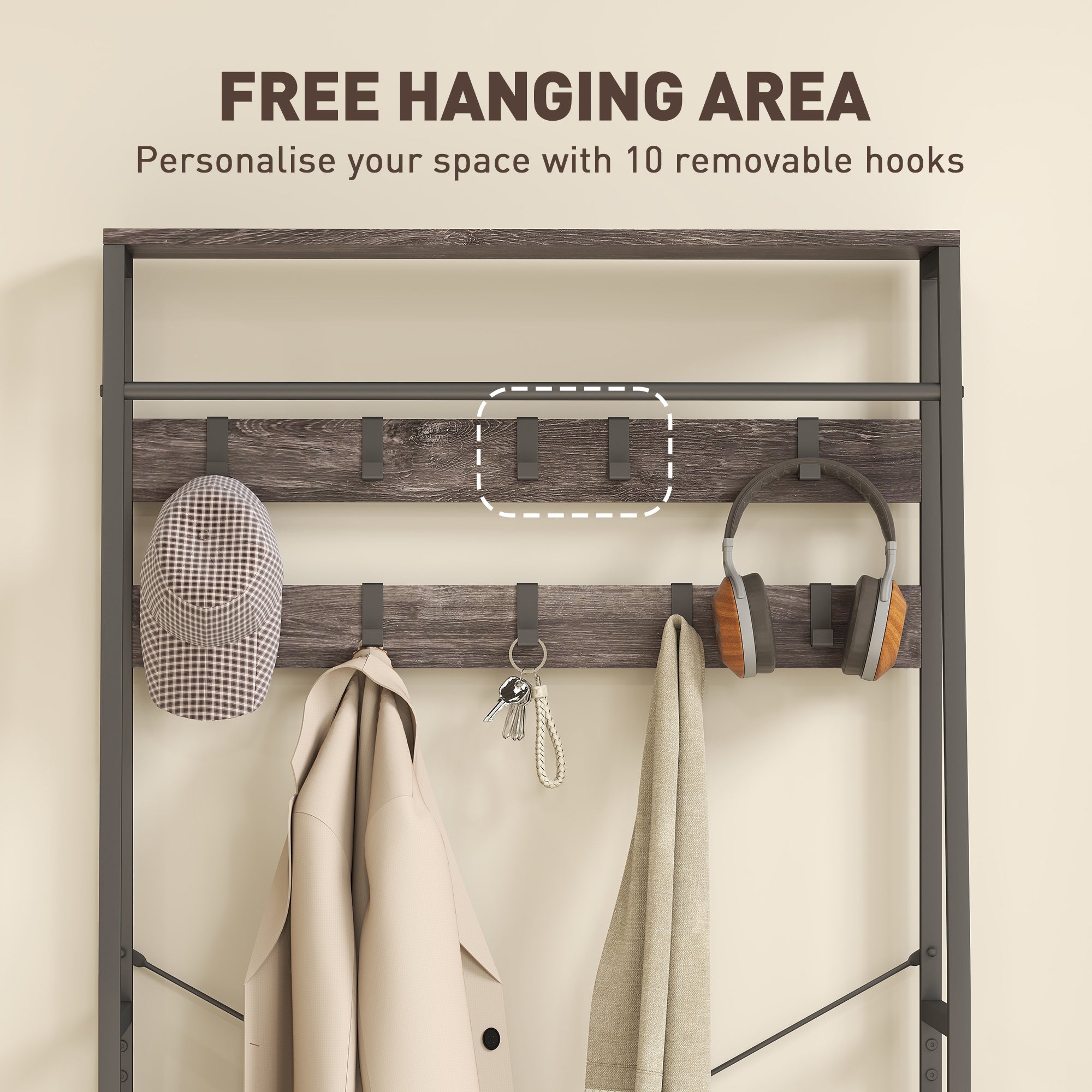 HOMCOM Coat Rack with Shoe Storage, Hall Tree, Industrial Coat Stand with Shoe Bench, 10 Removable Hooks, 2 Fabric Drawers and Clothes Rail for Entryway, Hallway, Grey 