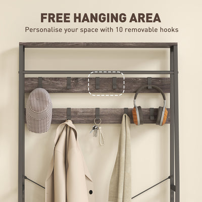 HOMCOM Coat Rack with Shoe Storage, Hall Tree, Industrial Coat Stand with Shoe Bench, 10 Removable Hooks, 2 Fabric Drawers and Clothes Rail for Entryway, Hallway, Grey 
