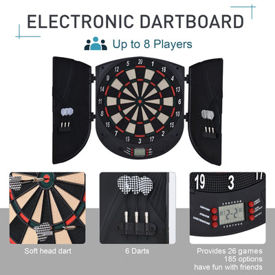 HOMCOM  Electronic Dartboard Set 26 Games and 185 Variations with 6 Darts and Cabinet to Stroage Multi-Game Option Ready-to-Play 
