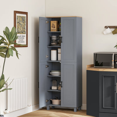 HOMCOM Freestanding Kitchen Cupboard, 4-Door Storage Cabinet with Adjustable Shelves, Modern Kitchen Pantry for Dining Room, 170cm, Grey Wood Effect 