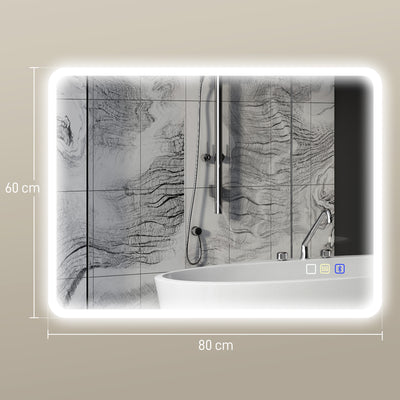 HOMCOM 60 x 80 cm Backlit Illuminated Bathroom Mirror with LED Lights and Bluetooth - Silver Tone 