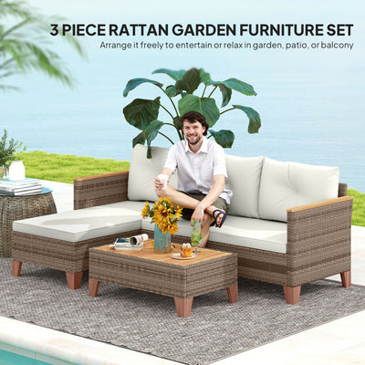 Outsunny 3 Pieces Rattan Garden Furniture Set, L Shaped Garden Conversation Chaise Lounge Furniture with Wood Top Coffee Table and Thick Cushions, Cream 
