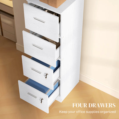HOMCOM Four-Drawer Lockable Filing Cabinet - White Wood Effect 