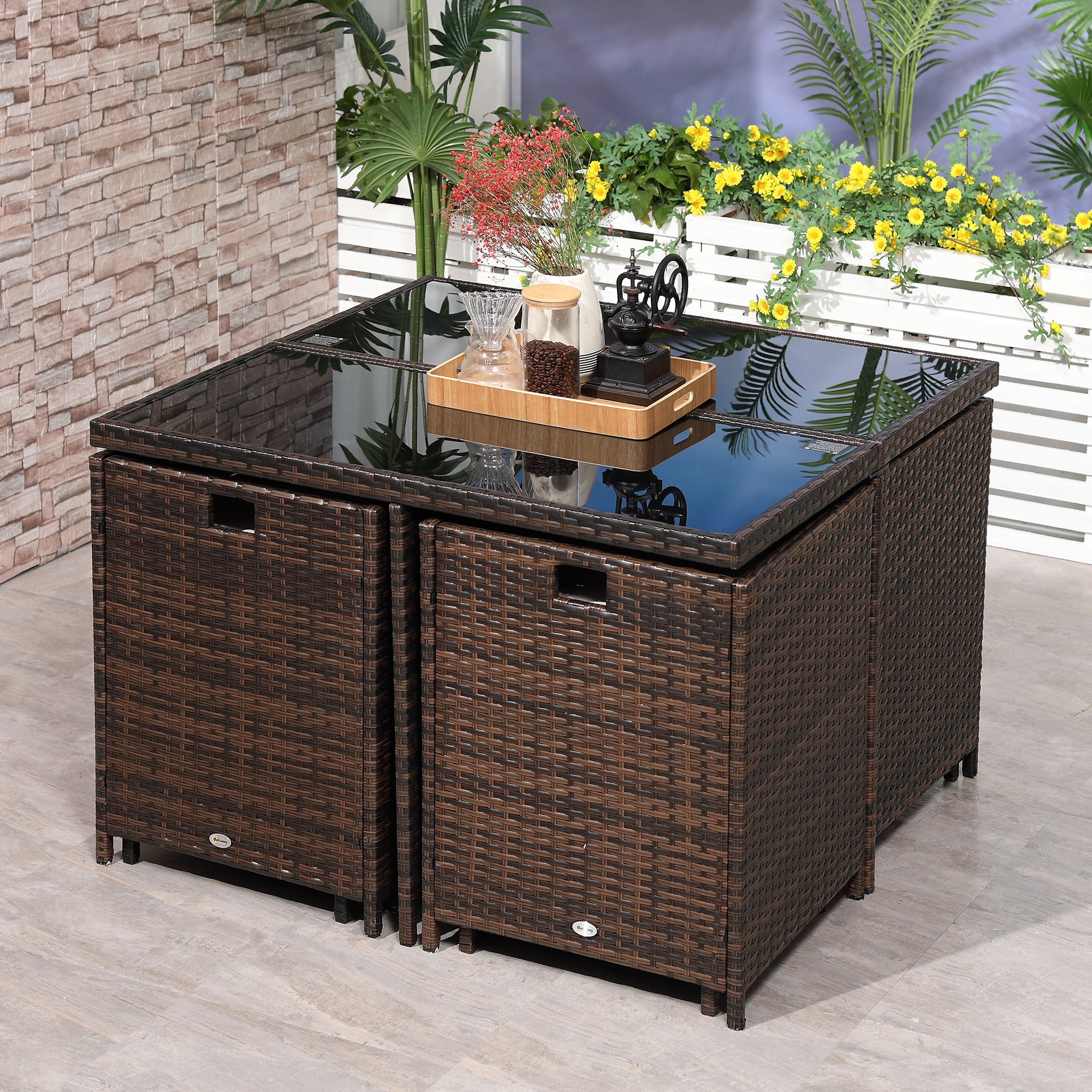 Outsunny 8 Seater Rattan Cube Garden Furniture Set, Rattan Dining Set with Cushions, Outdoor Dining Table and Chairs with 4 Armchairs, 4 Stools, Square Glass Top Table for Patio, Balcony, Brown 