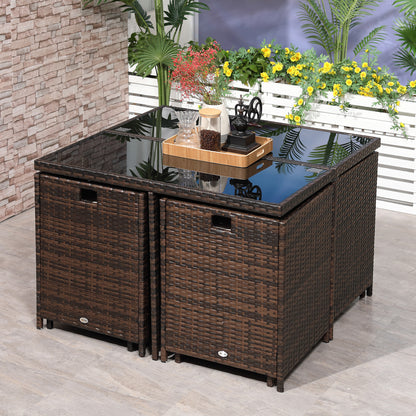 Outsunny 8 Seater Rattan Cube Garden Furniture Set, Rattan Dining Set with Cushions, Outdoor Dining Table and Chairs with 4 Armchairs, 4 Stools, Square Glass Top Table for Patio, Balcony, Brown 