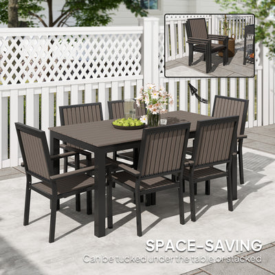 Outsunny 6 Seater Garden Dining Set with Stackable Chairs, Aluminium Frame, Rectangular Plastic Top, Garden Furniture Set, Outdoor Dining Table and Chairs for Patio, Balcony, Poolside, Brown 