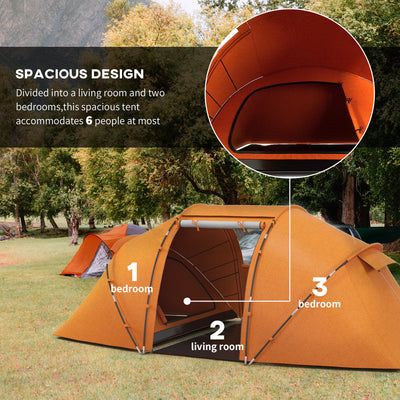 Outsunny 4-6 Man Camping Tent w/ Two Bedroom, Hiking Sun Shelter, UV Protection Tunnel Tent, Orange 