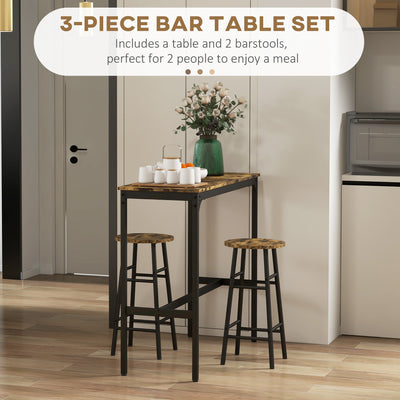 HOMCOM 3 Piece Bar Table Set with 2 Stools, Industrial Bar Table and Stool Set, Dining Table and Chair Set, Rustic Brown 