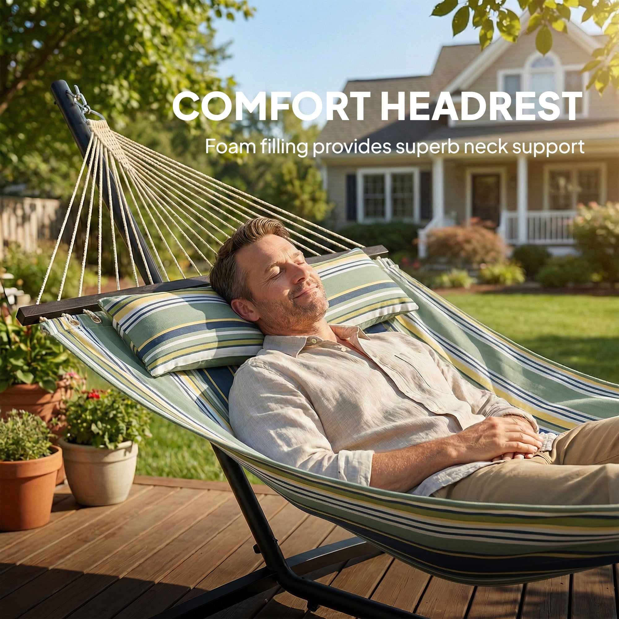 Outsunny Outdoor Hammock with Stand Detachable Pillow Striped Swing Steel Frame, for Garden, Patio, Green 