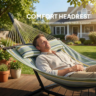 Outsunny Outdoor Hammock with Stand Detachable Pillow Striped Swing Steel Frame, for Garden, Patio, Green 