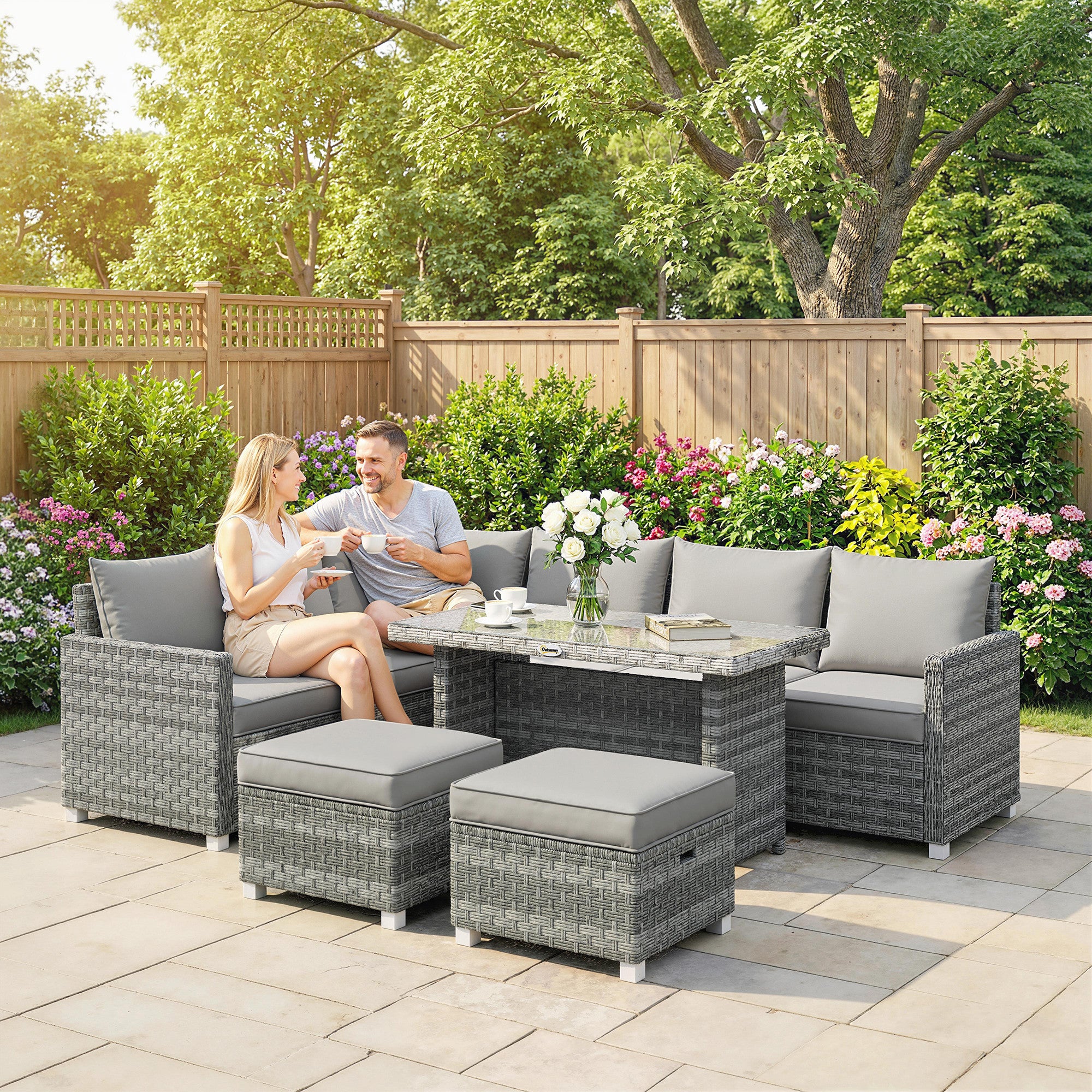Outsunny 6 Seater Rattan Garden Furniture Set with 3 Sofas, 2 Footstools, Table, Patio Rattan Furniture Sofa Sets, Grey 