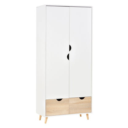 HOMCOM 2-Door Clothes Wardrobe w/ Rail Shelf 2 Drawers Wood Feet Elegant Home Storage Organisation Furniture Dresses Coats Blankets Shoes White 
