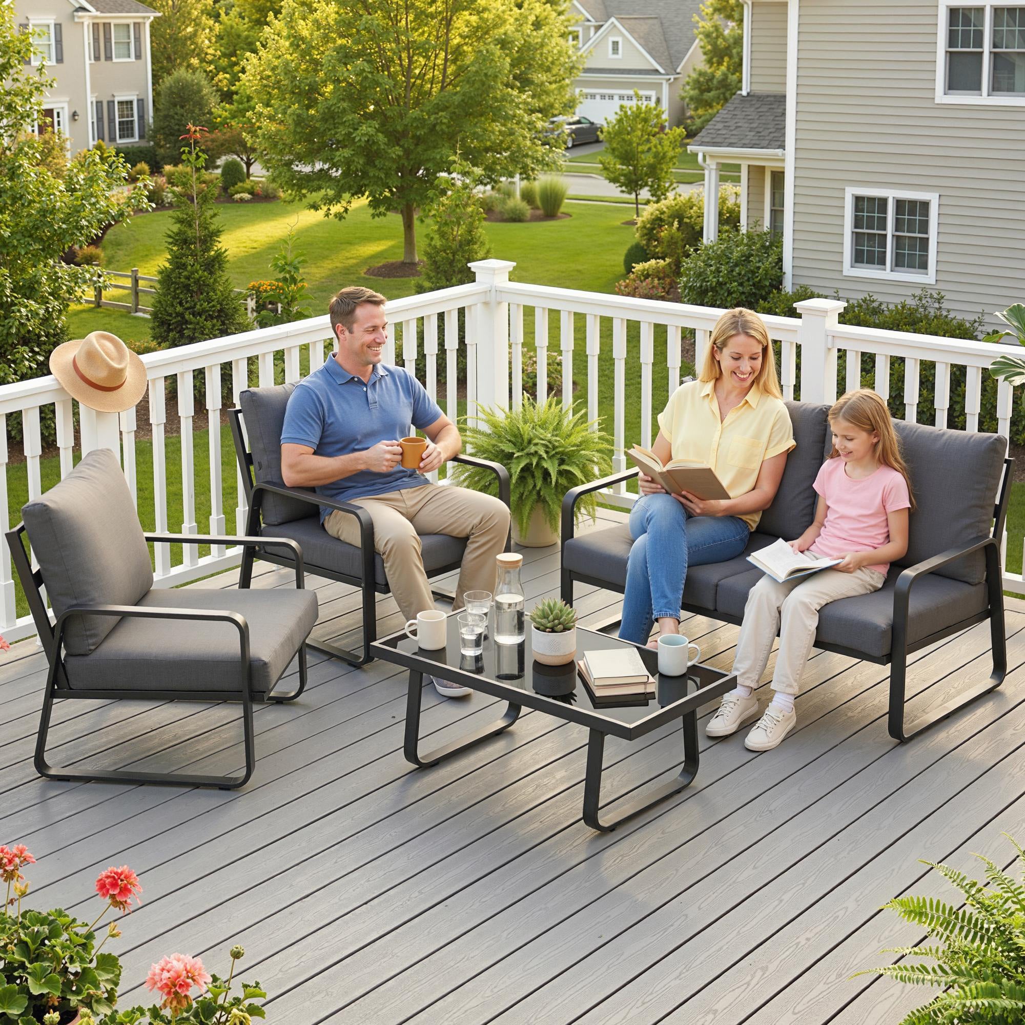 Outsunny 4 Piece Garden Furniture Set, Outdoor Sofa Set with Loveseat, 2 Armchairs, Coffee Table and Cushions 