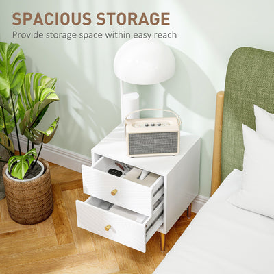 HOMCOM Elegant Two-Drawer Bedside Table - White/Gold-Tone 