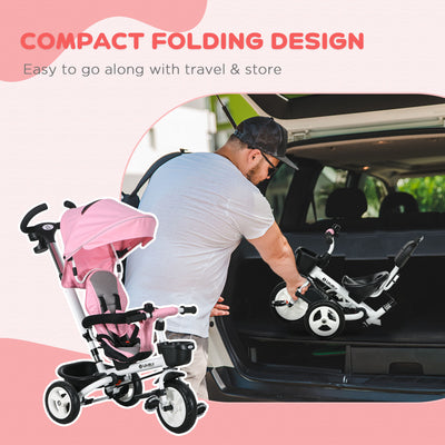 HOMCOM Metal Frame 6 in 1 Baby Push Tricycle with Parent Handle for 1-5 Years Old, Pink 