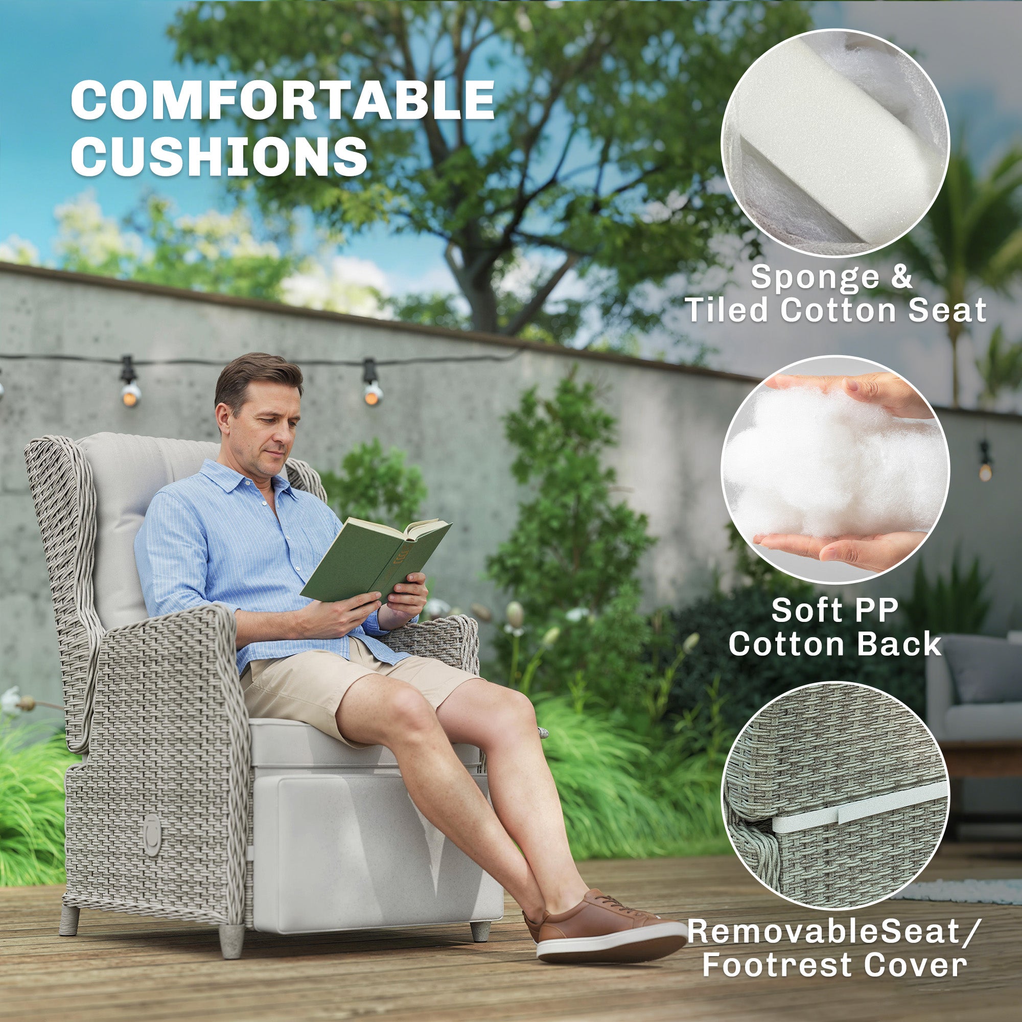 Outsunny Rattan Garden Recliner Chair, Reclining Garden Chair with Adjustable Back and Footrest, Flip Table, Cushion, Light Grey 