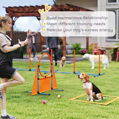 PawHut 6 Pieces Dog Agility Equipment Set with Weave Poles, Jump Ring and Hurdle, Pause Box and Carry Bag, Orange 