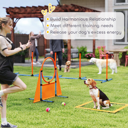 PawHut 6 Pieces Dog Agility Equipment Set with Weave Poles, Jump Ring and Hurdle, Pause Box and Carry Bag, Orange 