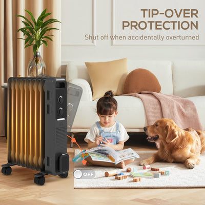 HOMCOM 2000W Oil Filled Radiator, 9 Fin, Portable Electric Heater with 3 Heat Settings, Safety Cut-Off and Wheels, Grey 