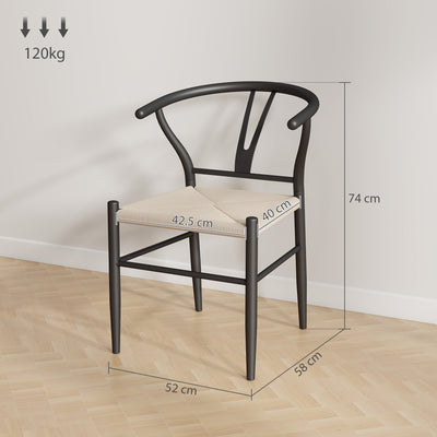HOMCOM Set of Two Weave Dining Chairs with Y-Shaped Backrest Hemp Seat - Black/Beige 