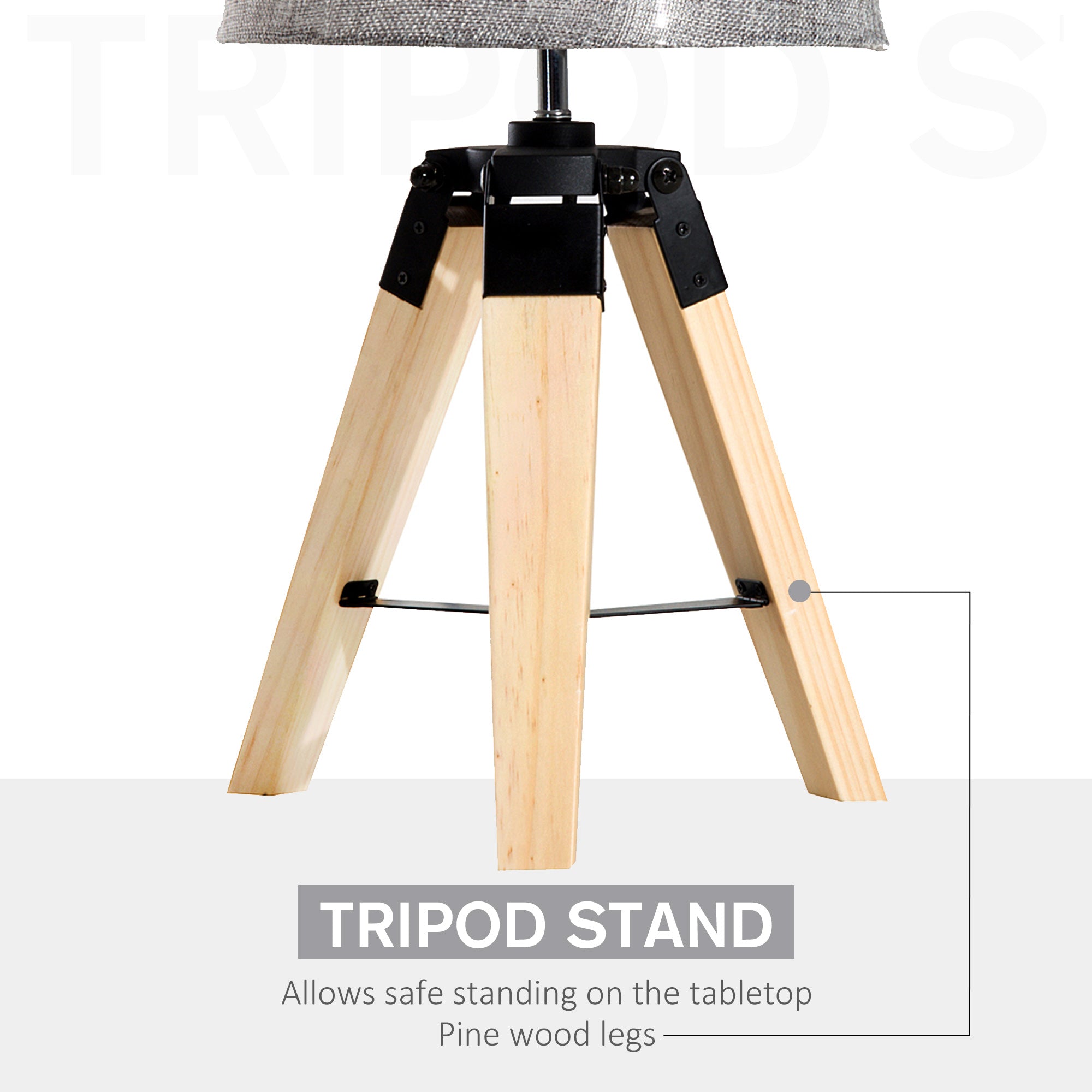 HOMCOM Wooden Tripod Table Lamp for Side, Desk or End Table with E27 Bulb Base（Grey Shade） 
