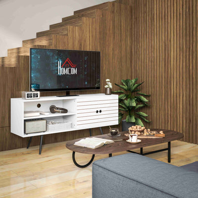HOMCOM TV Stand with Cupboard, Open Shelves, Striped Doors, Wooden legs, White 