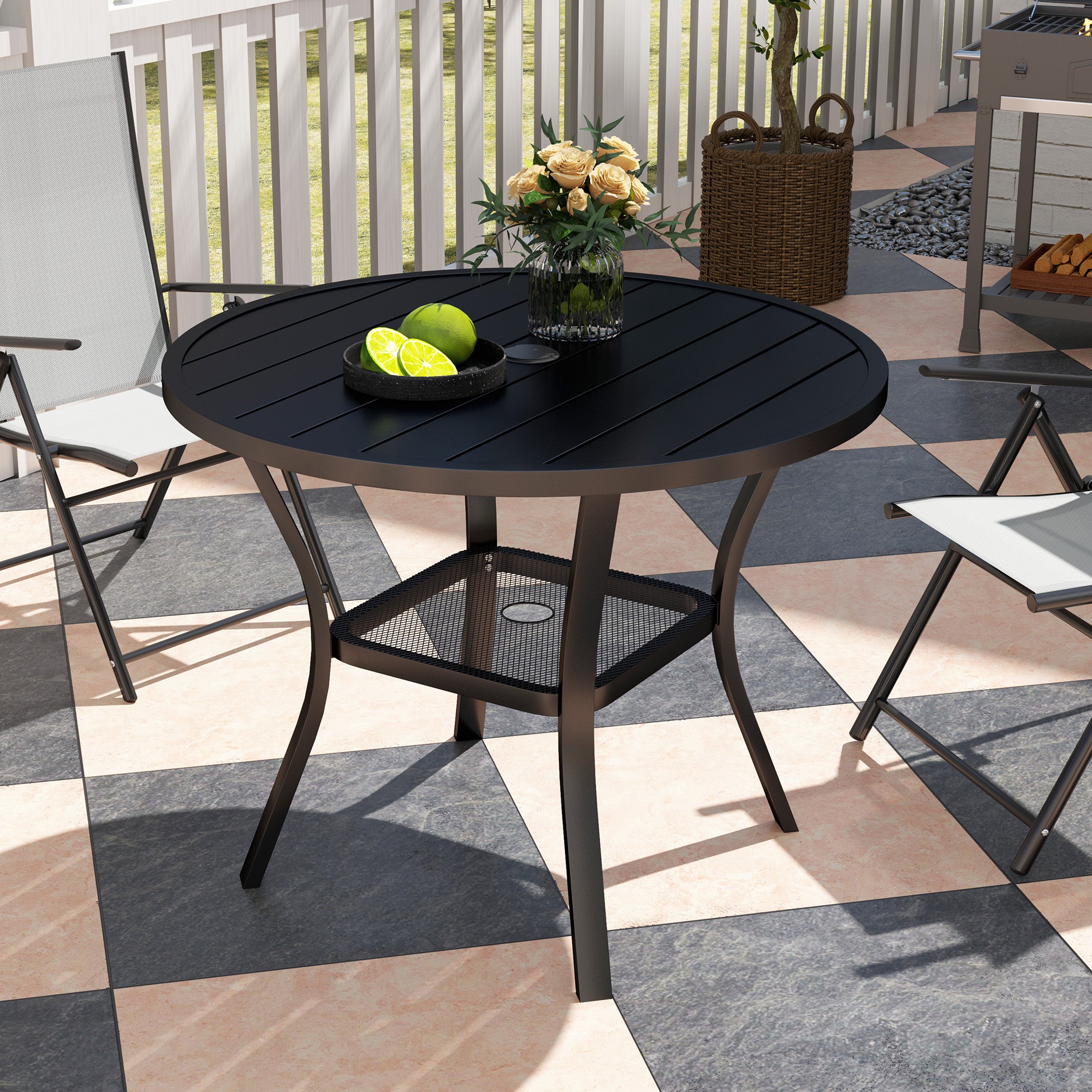 Outsunny 90 cm Garden Dining Table with 4-5 cm Parasol Hole, Round Outdoor Dining Table, Steel Garden Table with Slatted Metal Top and Wire Shelf for Balcony, Porch, Black 