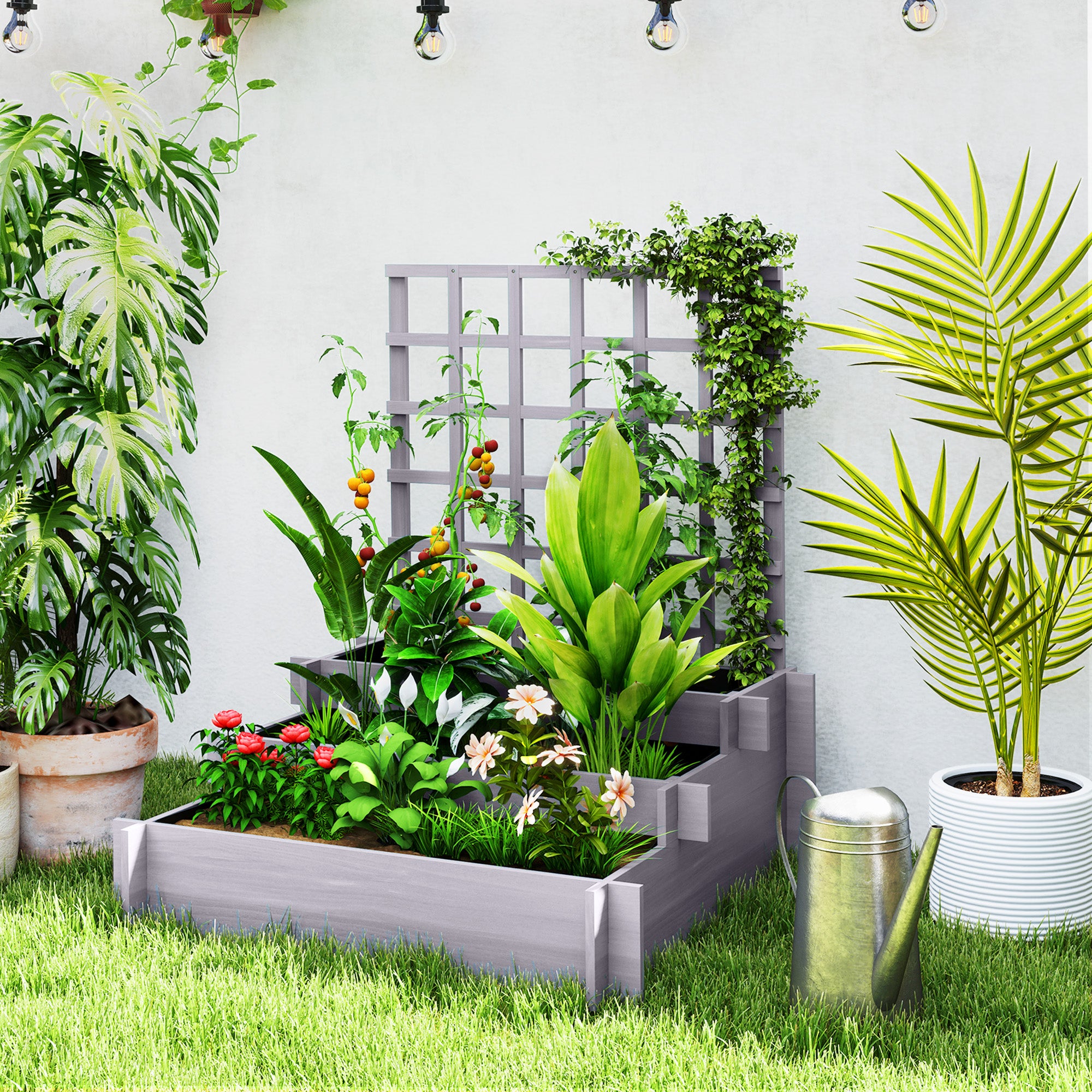 Outsunny 3 Tier Garden Planters with Trellis for Vine Climbing, Wooden Raised Beds, 95x95x110cm, Grey 