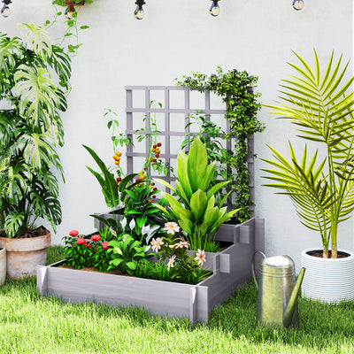 Outsunny 3 Tier Garden Planters with Trellis for Vine Climbing, Wooden Raised Beds, 95x95x110cm, Grey 
