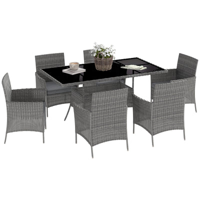 Outsunny 7-Piece Rattan Garden Furniture Set with Cushions, 6 Seater Garden Table and Chairs, Rattan Dining Set with 6 Armchairs, Rectangular Glass Top Table, Charcoal Grey 