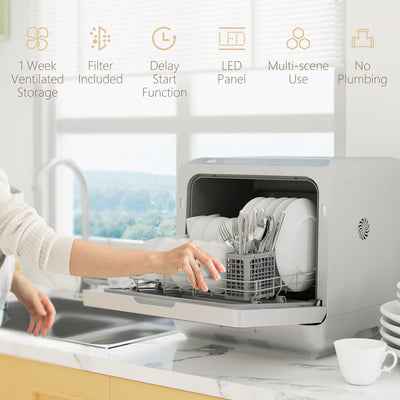 HOMCOM Table Top Dishwasher, Mini Countertop Dishwasher with Built-in 6L Water Tank, 6 Programs, Touch Control, LED Display, 4 Place Settings, Dual Water Supply and Fruit Wash Mode, Silver Tone 