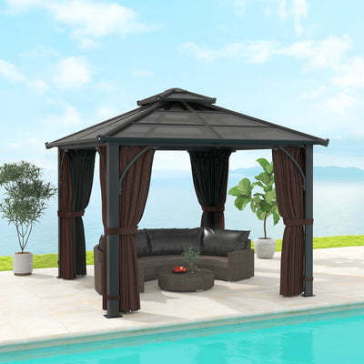 Outsunny 3 x 3(m) Hardtop Gazebo Canopy with 7mm Double Polycarbonate Roof, Garden Gazebo Permanent Pavilion with Mosquito Netting and Curtains for Patio, Deck, Brown 