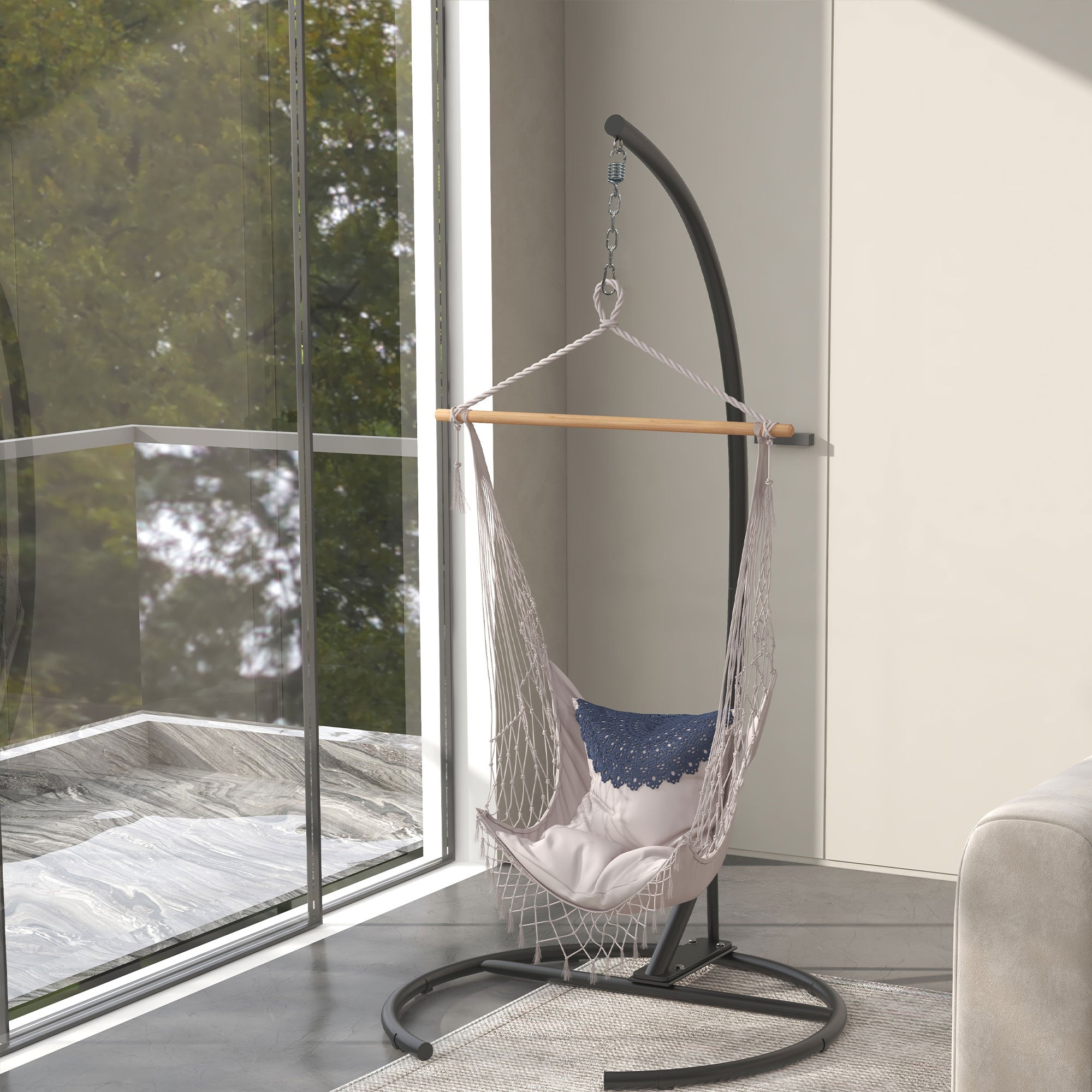 Outsunny Hanging Hammock Chair Stand with Round Base, C Hanging Swing Stand Frame for Swing/Egg/Hammock Chair, Indoor & Outdoor, Heavy Duty 330 lbs, Black 