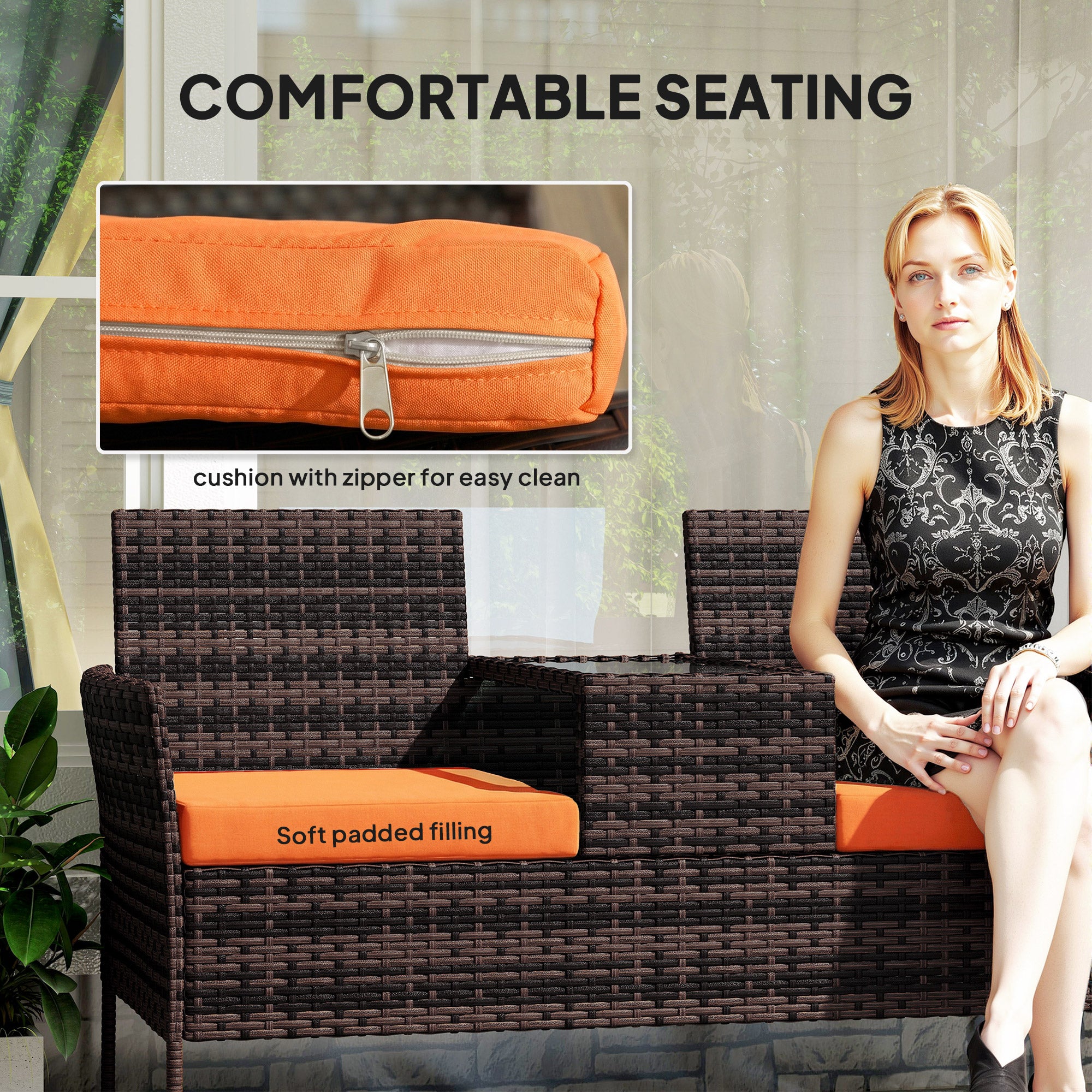 Outsunny Two-Seat Rattan Chair, with Middle Table - Orange 
