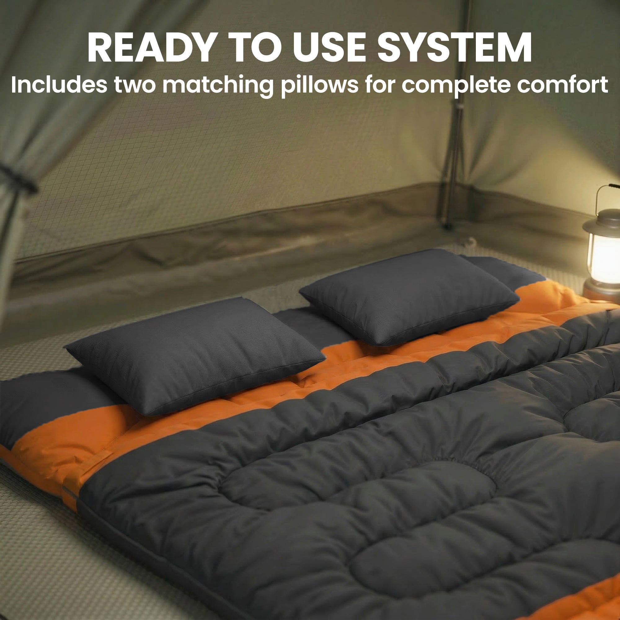Outsunny Double Sleeping Bag with 2 Pillows, 220 x 160 cm Extra-Large Sleeping Bag for Adults, Grey and Orange 