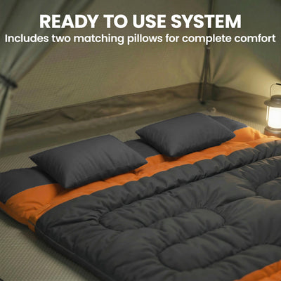 Outsunny Double Sleeping Bag with 2 Pillows, 220 x 160 cm Extra-Large Sleeping Bag for Adults, Grey and Orange 