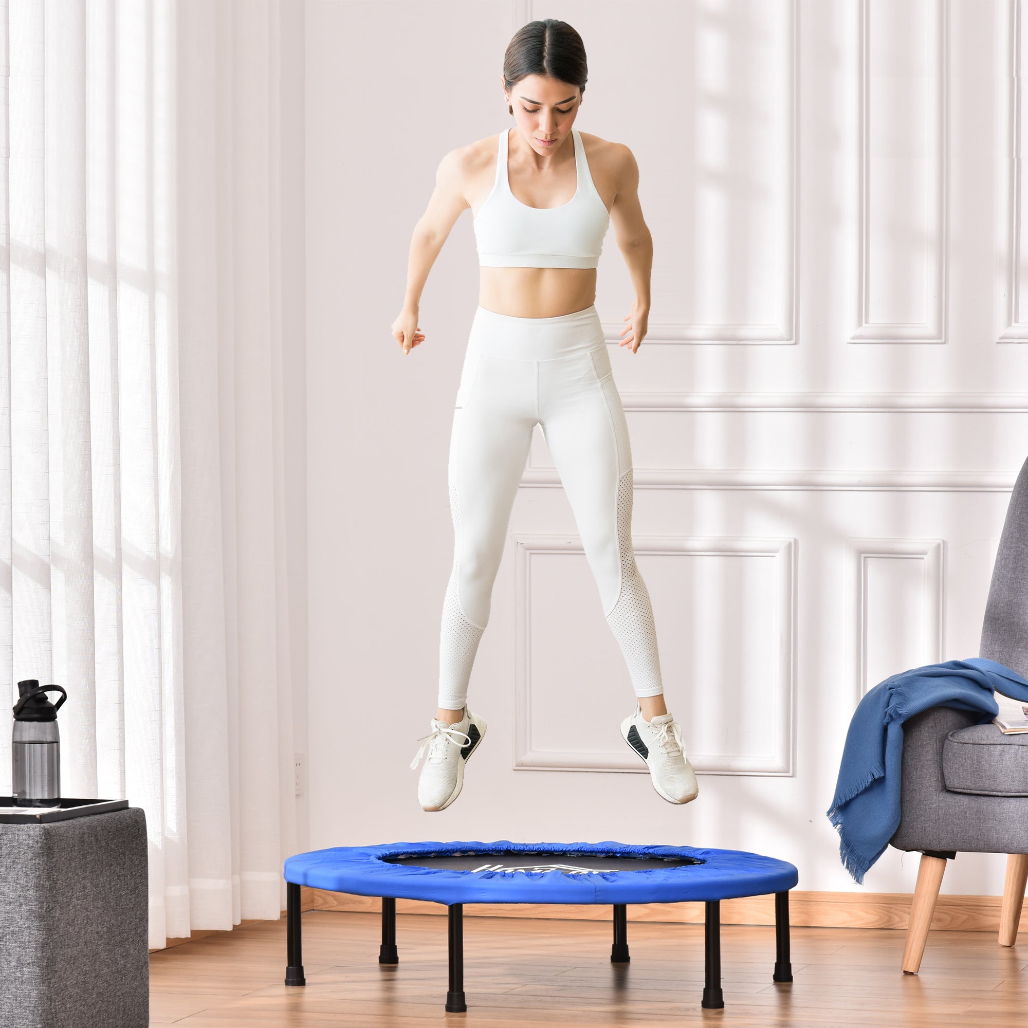 HOMCOM Φ91 Mini Fitness Trampoline Home Gym Yoga Exercise Rebounder Indoor Outdoor Jumper with Safety Pad, Support Up to 100 KG, Blue and Black 