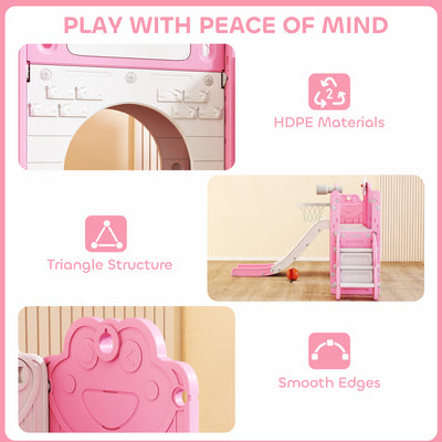 AIYAPLAY 7 in 1 Toddler Slide Set with Basketball Hoop, Climbing Frame, Telescope, Drawing Board, Storage Box, Pink 