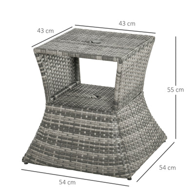 Outsunny Outdoor Patio Rattan Wicker Coffee Table Bistro Side Table w/ Umbrella Hole and Storage Space, Grey 
