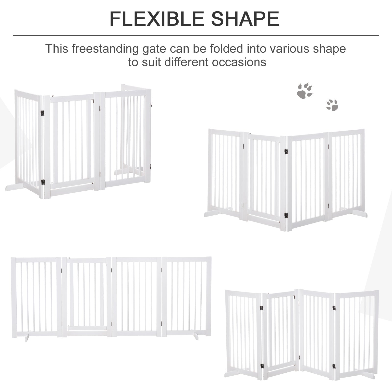 PawHut Freestanding Pet Gate 4 Panels Wooden Dog Safety Fence Foldable with Support Feet for Doorway Stairs 91cm Tall White 